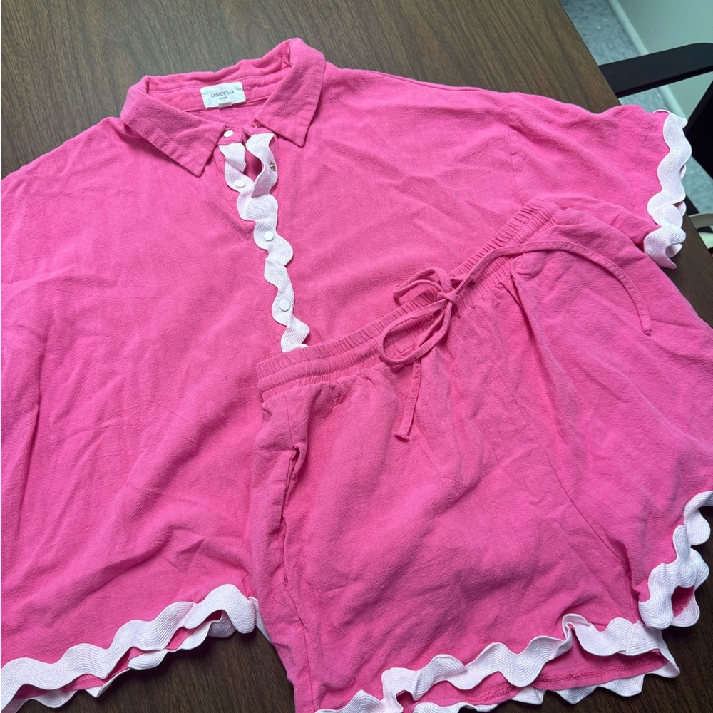 Annie Pink Ruffle-Trim Polo Lounge Set